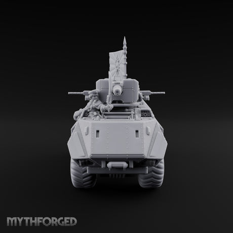 Saber Out, Skull Flying Human Officer and Gas-Masked Crew in Armoured Half-Track with Rotary Cannon — Command Transport