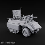 Saber Out, Skull Flying Human Officer and Gas-Masked Crew in Armoured Half-Track with Rotary Cannon — Command Transport