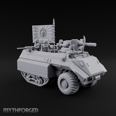 Saber Out, Skull Flying Human Officer and Gas-Masked Crew in Armoured Half-Track with Rotary Cannon — Command Transport