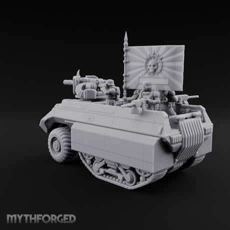 Saber Out, Skull Flying Human Officer and Gas-Masked Crew in Armoured Half-Track with Rotary Cannon — Command Transport