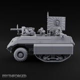 Saber Out, Skull Flying Human Officer and Gas-Masked Crew in Armoured Half-Track with Rotary Cannon — Command Transport
