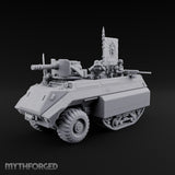 Saber Out, Skull Flying Human Officer and Gas-Masked Crew in Armoured Half-Track with Rotary Cannon — Command Transport