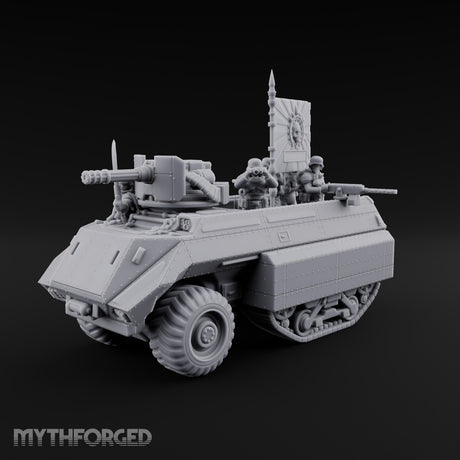 Saber Out, Skull Flying Human Officer and Gas-Masked Crew in Armoured Half-Track with Rotary Cannon — Command Transport