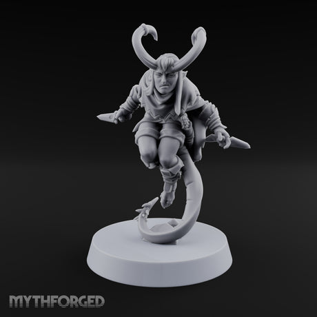 Tail Coiled, Bow Drawn Tiefling Rogue with Shortbow — Knives