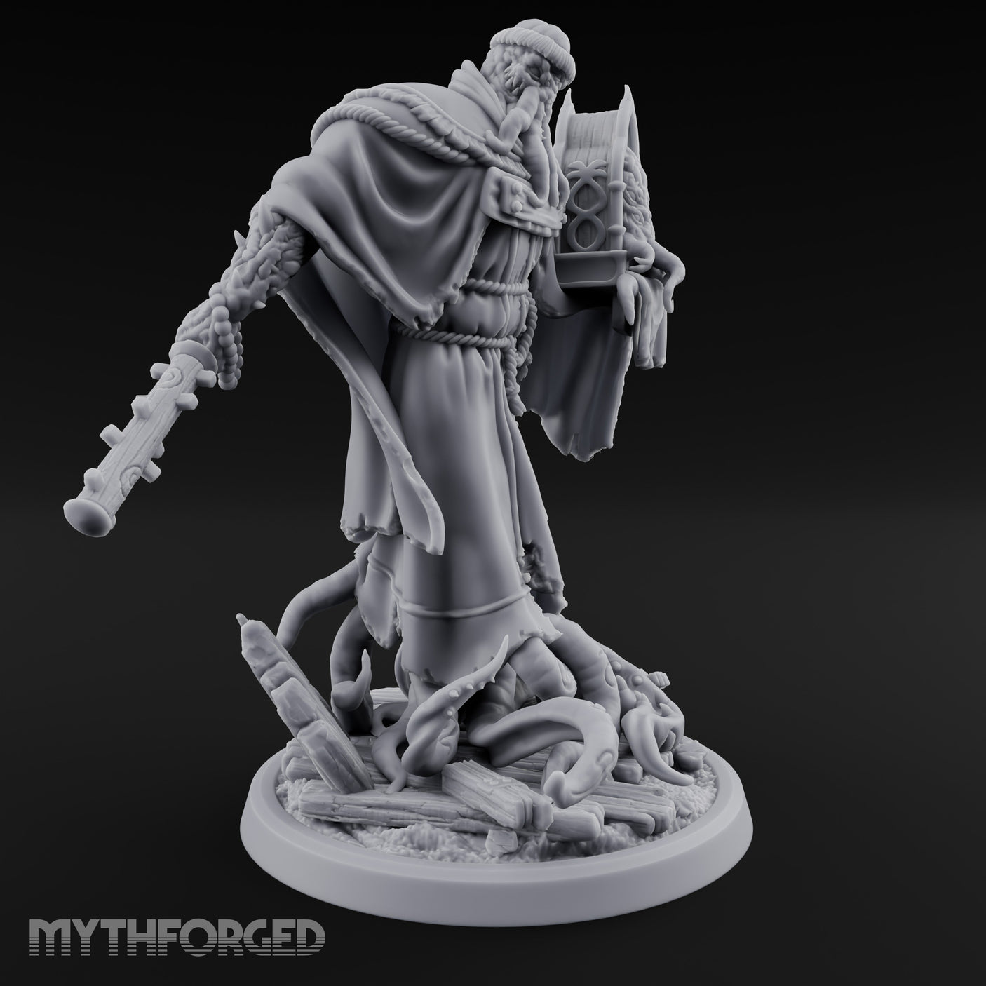 Tome Reading Staff Wielding Deep One Bishop C Miniature for Dungeons and Dragons, Pathfinder or other TTRPGs