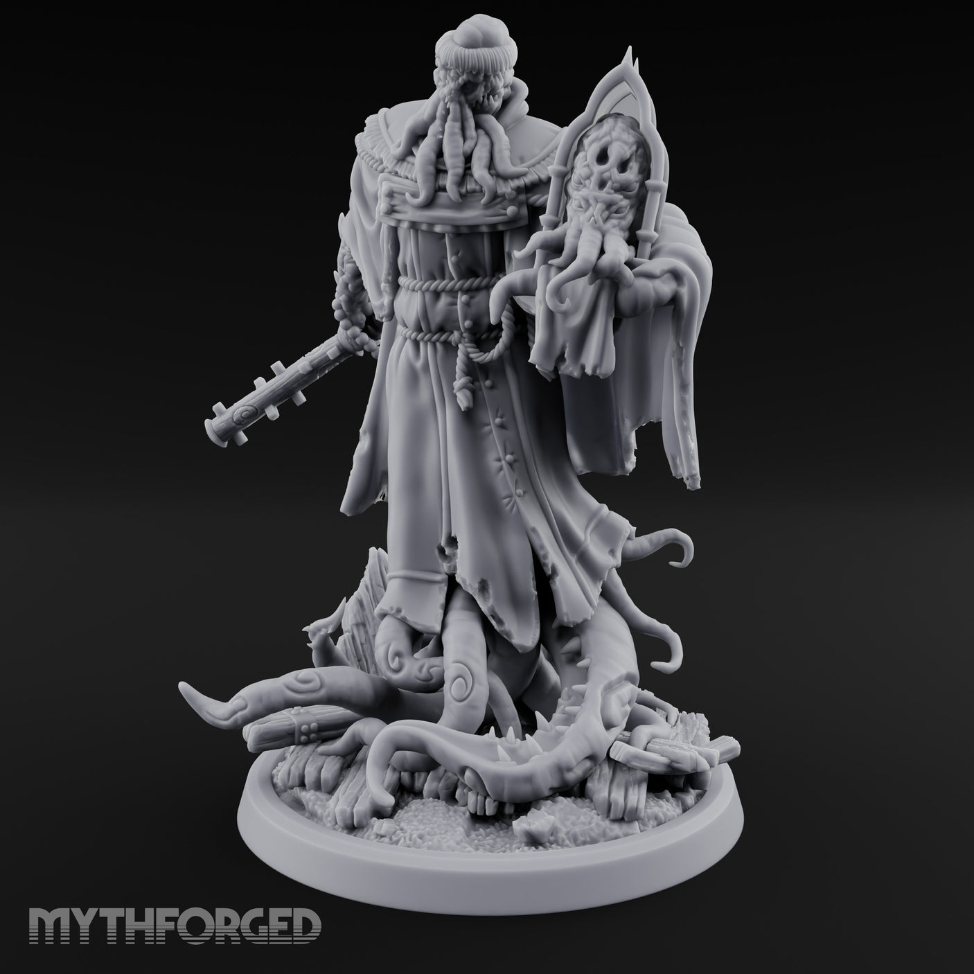 Tome Reading Staff Wielding Deep One Bishop C Miniature for Dungeons and Dragons, Pathfinder or other TTRPGs