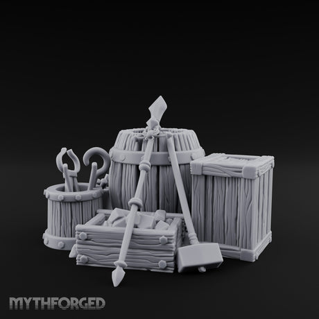 Tool-Stuffed Shovel-Leaned Blacksmith Storage Crate and Barrel Set Miniature for Dungeons and Dragons, Pathfinder or other TTRPGs