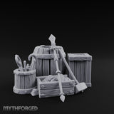 Tool-Stuffed Shovel-Leaned Blacksmith Storage Crate and Barrel Set gallery 2