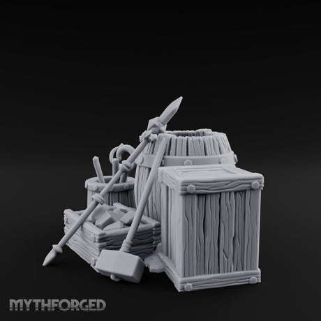 Tool-Stuffed Shovel-Leaned Blacksmith Storage Crate and Barrel Set Miniature for Dungeons and Dragons, Pathfinder or other TTRPGs
