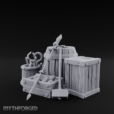 Tool-Stuffed Shovel-Leaned Blacksmith Storage Crate and Barrel Set Miniature for Dungeons and Dragons, Pathfinder or other TTRPGs