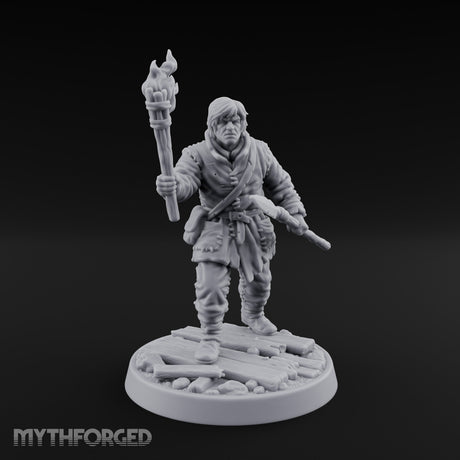 Torch Aloft Rifle Gripping Human Watchman Miniature for Dungeons and Dragons, Pathfinder or other TTRPGs
