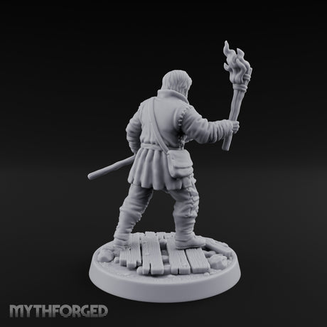 Torch Aloft Rifle Gripping Human Watchman Miniature for Dungeons and Dragons, Pathfinder or other TTRPGs