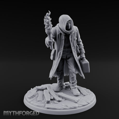 Torch Raising Canister Lugging Human Arsonist Miniature for Dungeons and Dragons, Pathfinder or other TTRPGs