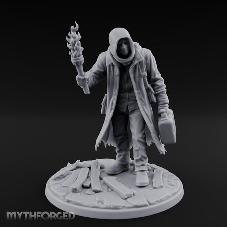 Torch Raising Canister Lugging Human Arsonist Miniature for Dungeons and Dragons, Pathfinder or other TTRPGs