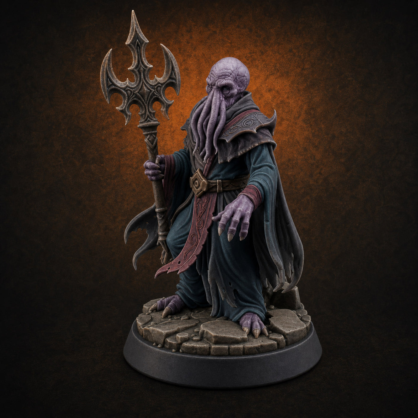 Trident Clutching Mind Flayer Sorcerer — painted concept preview (miniature supplied unpainted)