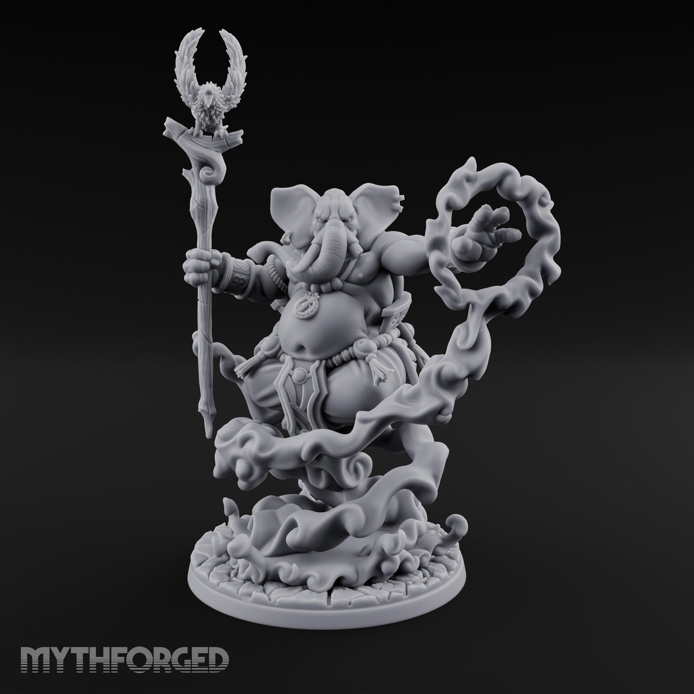 Trunk Twisting Staff Raising Loxodon Shaman Miniature for Dungeons and Dragons, Pathfinder or other TTRPGs