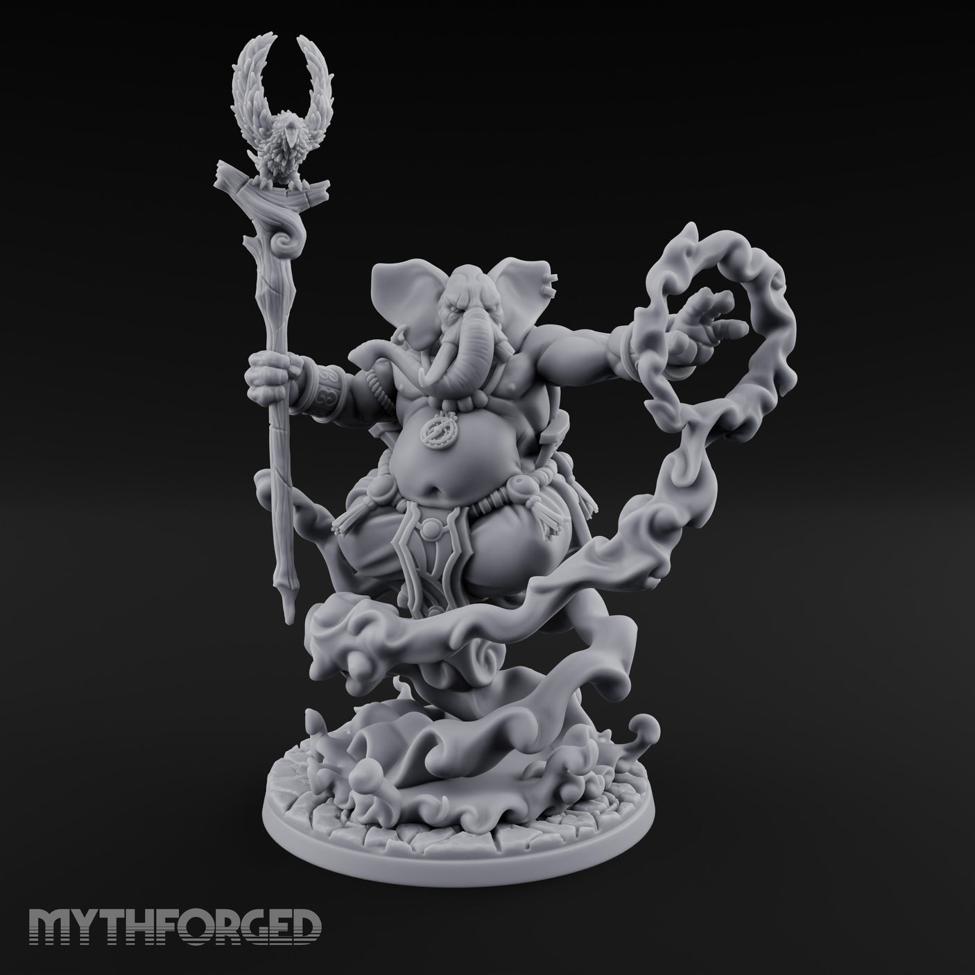 Trunk Twisting Staff Raising Loxodon Shaman Miniature for Dungeons and Dragons, Pathfinder or other TTRPGs