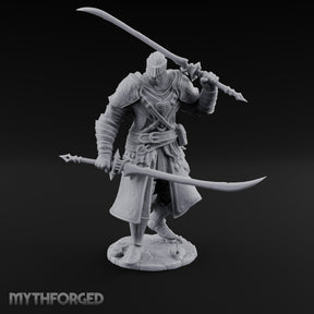 Twin Blades Crossed Striding Human Warrior Miniature for Dungeons and Dragons, Pathfinder or other TTRPGs