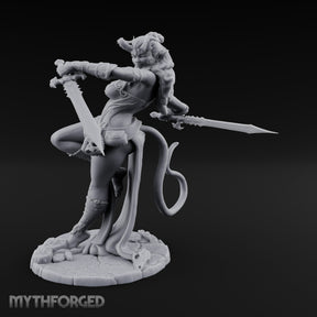 Twin Swords Knee Raised Tiefling Duelist Miniature for Dungeons and Dragons, Pathfinder or other TTRPGs