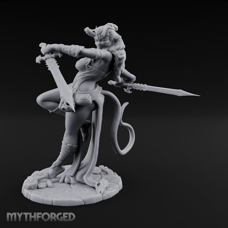 Twin Swords Knee Raised Tiefling Duelist Miniature for Dungeons and Dragons, Pathfinder or other TTRPGs