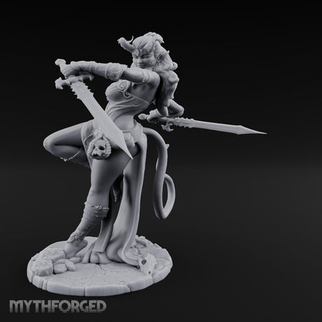 Twin Swords Knee Raised Tiefling Duelist Miniature for Dungeons and Dragons, Pathfinder or other TTRPGs