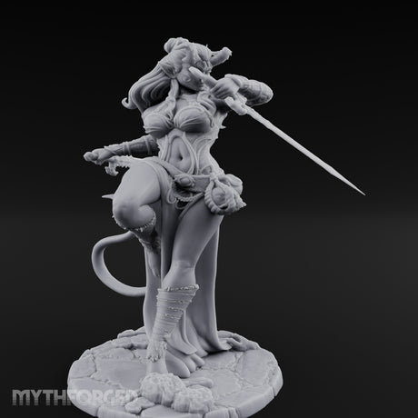 Twin Swords Knee Raised Tiefling Duelist Miniature for Dungeons and Dragons, Pathfinder or other TTRPGs