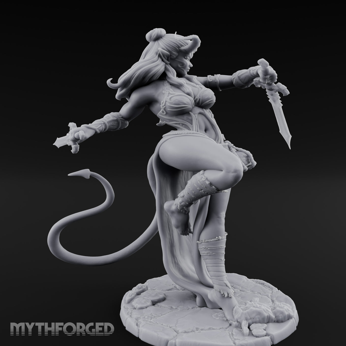Twin Swords Knee Raised Tiefling Duelist Miniature for Dungeons and Dragons, Pathfinder or other TTRPGs