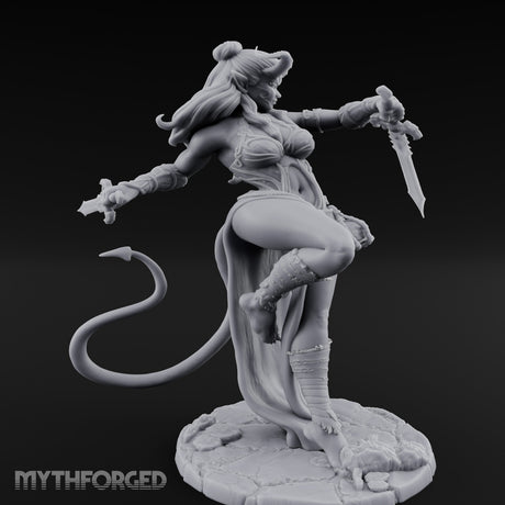 Twin Swords Knee Raised Tiefling Duelist Miniature for Dungeons and Dragons, Pathfinder or other TTRPGs
