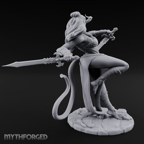 Twin Swords Knee Raised Tiefling Duelist Miniature for Dungeons and Dragons, Pathfinder or other TTRPGs