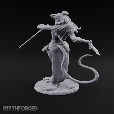 Twin Swords Knee Raised Tiefling Duelist Miniature for Dungeons and Dragons, Pathfinder or other TTRPGs