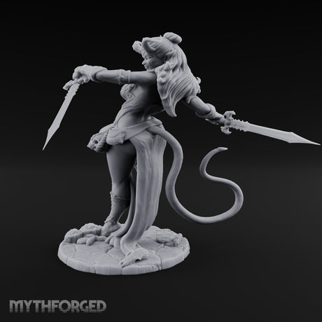 Twin Swords Knee Raised Tiefling Duelist Miniature for Dungeons and Dragons, Pathfinder or other TTRPGs