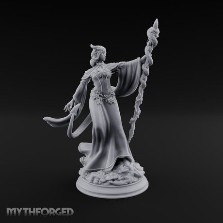 Serpent Staff, Silken Hem Tiefling Female Druid with Serpent-Wrapped Crystal Staff