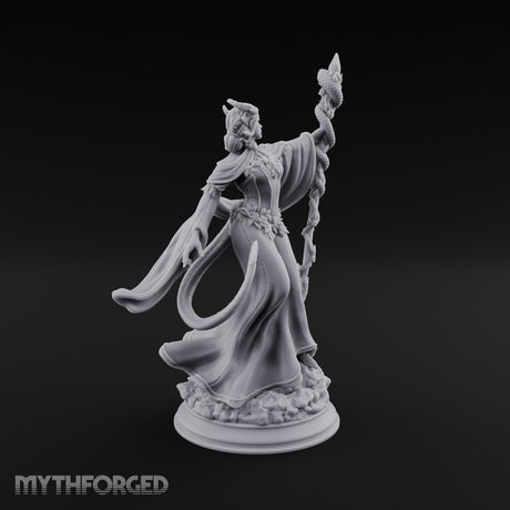 Serpent Staff, Silken Hem Tiefling Female Druid with Serpent-Wrapped Crystal Staff
