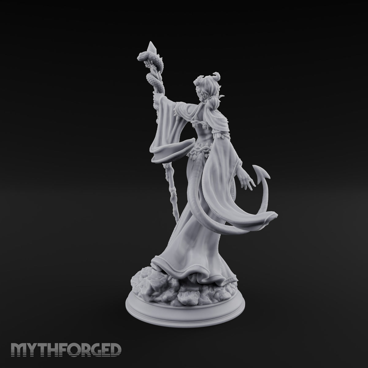 Serpent Staff, Silken Hem Tiefling Female Druid with Serpent-Wrapped Crystal Staff