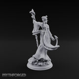 Serpent Staff, Silken Hem Tiefling Female Druid with Serpent-Wrapped Crystal Staff