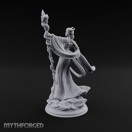 Serpent Staff, Silken Hem Tiefling Female Druid with Serpent-Wrapped Crystal Staff