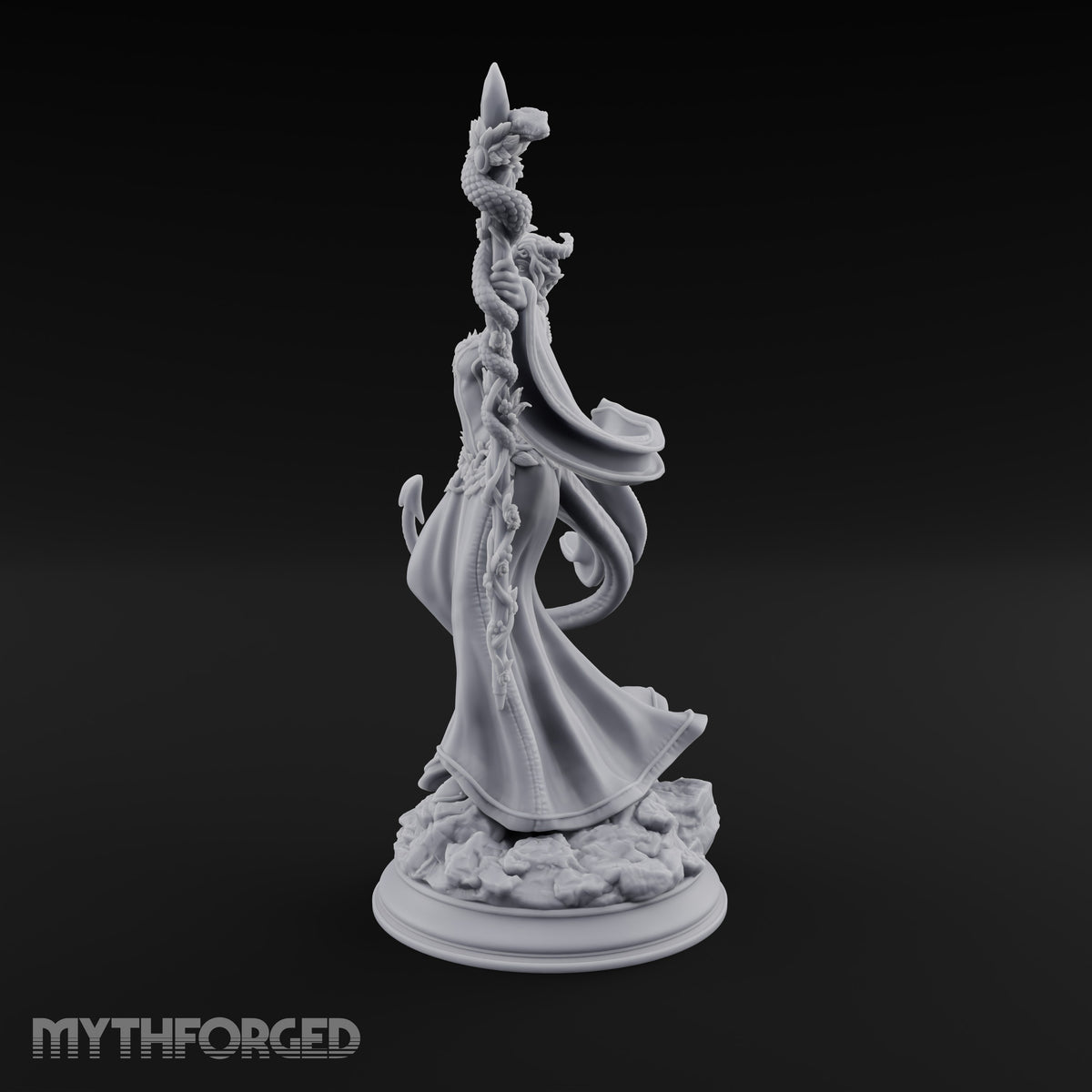 Serpent Staff, Silken Hem Tiefling Female Druid with Serpent-Wrapped Crystal Staff
