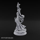 Serpent Staff, Silken Hem Tiefling Female Druid with Serpent-Wrapped Crystal Staff