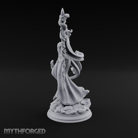 Serpent Staff, Silken Hem Tiefling Female Druid with Serpent-Wrapped Crystal Staff