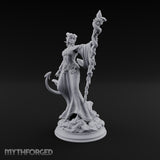 Serpent Staff, Silken Hem Tiefling Female Druid with Serpent-Wrapped Crystal Staff