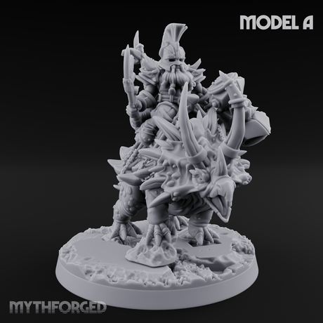Tusks Raised Bellowing Triceratop Riding Dwarves Miniature for Dungeons and Dragons, Pathfinder or other TTRPGs