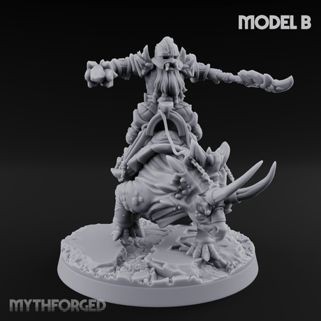 Tusks Raised Bellowing Triceratop Riding Dwarves B Miniature for Dungeons and Dragons, Pathfinder or other TTRPGs
