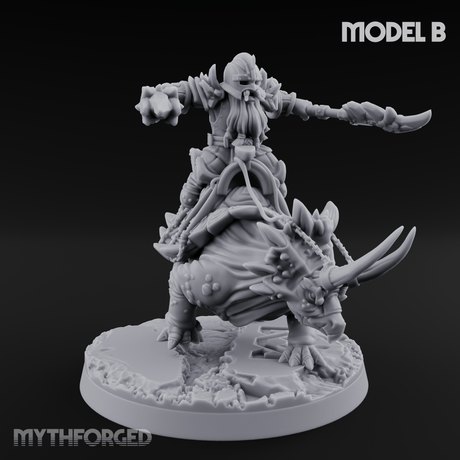 Tusks Raised Bellowing Triceratop Riding Dwarves B Miniature for Dungeons and Dragons, Pathfinder or other TTRPGs