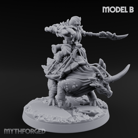 Tusks Raised Bellowing Triceratop Riding Dwarves B Miniature for Dungeons and Dragons, Pathfinder or other TTRPGs