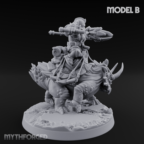 Tusks Raised Bellowing Triceratop Riding Dwarves B Miniature for Dungeons and Dragons, Pathfinder or other TTRPGs