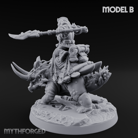 Tusks Raised Bellowing Triceratop Riding Dwarves B Miniature for Dungeons and Dragons, Pathfinder or other TTRPGs