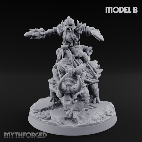 Tusks Raised Bellowing Triceratop Riding Dwarves B Miniature for Dungeons and Dragons, Pathfinder or other TTRPGs