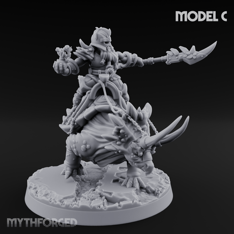 Tusks Raised Bellowing Triceratop Riding Dwarves Miniature for Dungeons and Dragons, Pathfinder or other TTRPGs