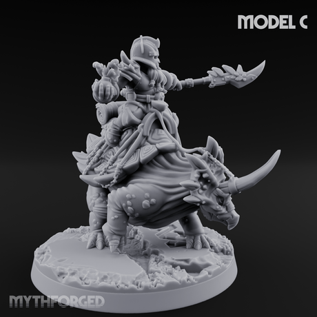 Tusks Raised Bellowing Triceratop Riding Dwarves C Miniature for Dungeons and Dragons, Pathfinder or other TTRPGs