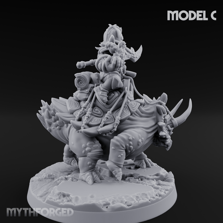 Tusks Raised Bellowing Triceratop Riding Dwarves C Miniature for Dungeons and Dragons, Pathfinder or other TTRPGs